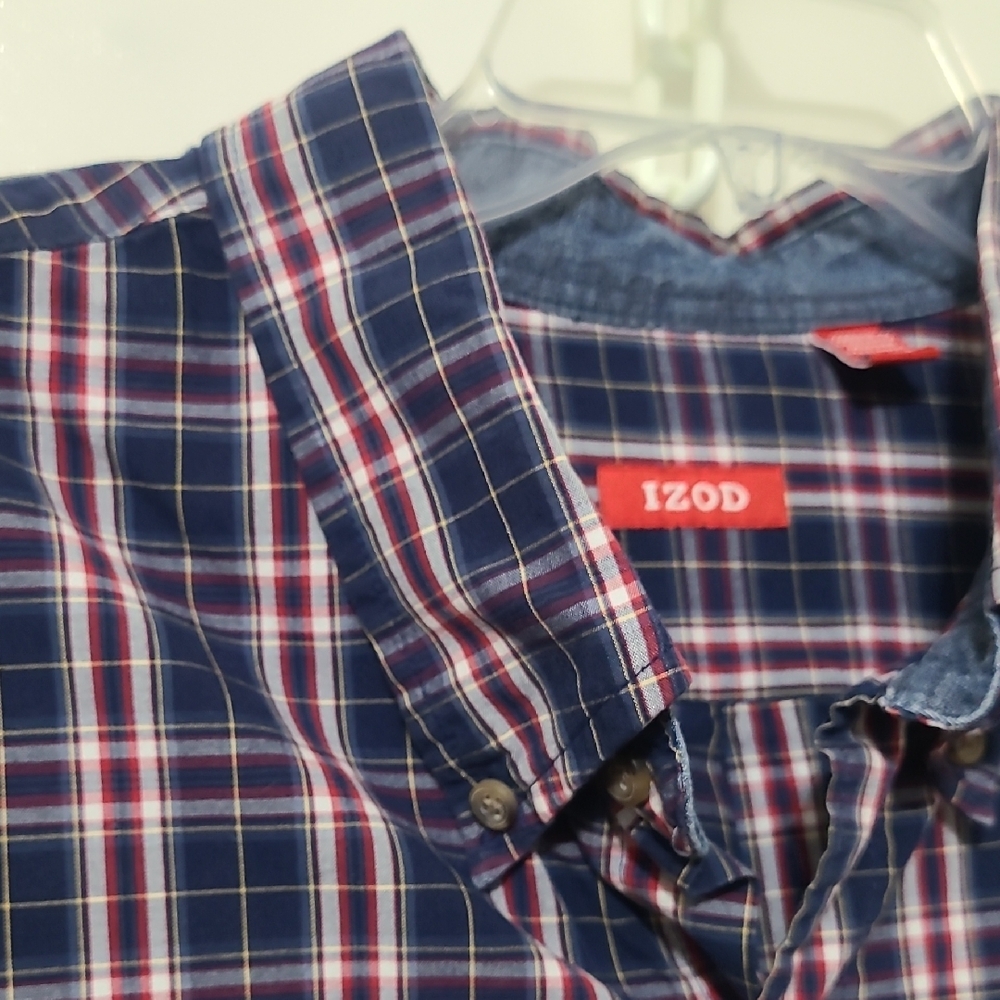 Izod Men's Blue and Red Plaid Long Sleeve 100% Cotton Button Up Shirt - Size XXL